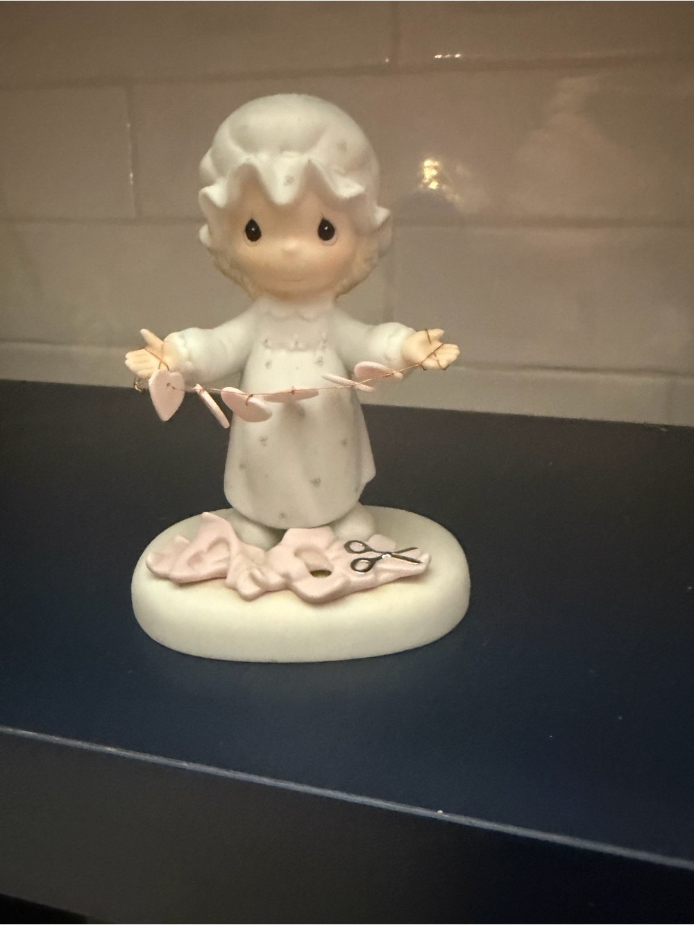 Precious Moments White and Pink Heart Garland Figurine with Sewing Accents